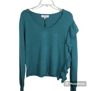 John + Jenn Teal Britt Ruffle Boho Casual Sweater NWT Size Medium Feminine